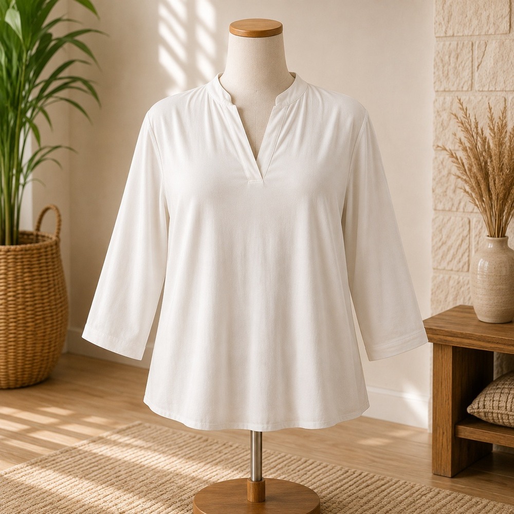 Belle Kim Gravel Split V-Neck Top Womens 1XP Cream 3/4 Sleeve Relaxed Fit